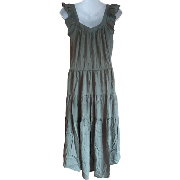 Kirundo Midi Dress Summer Sleeveless Ruffle High- Low Green Army - Picture 2 of 5